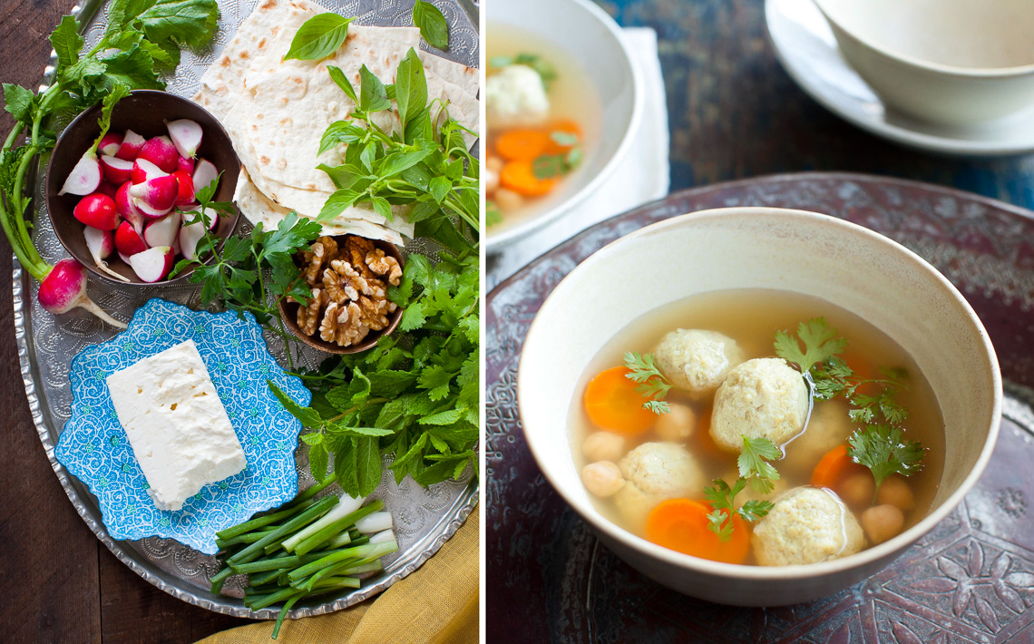New Persian Kitchen:Herb platter + matzoh ball soup